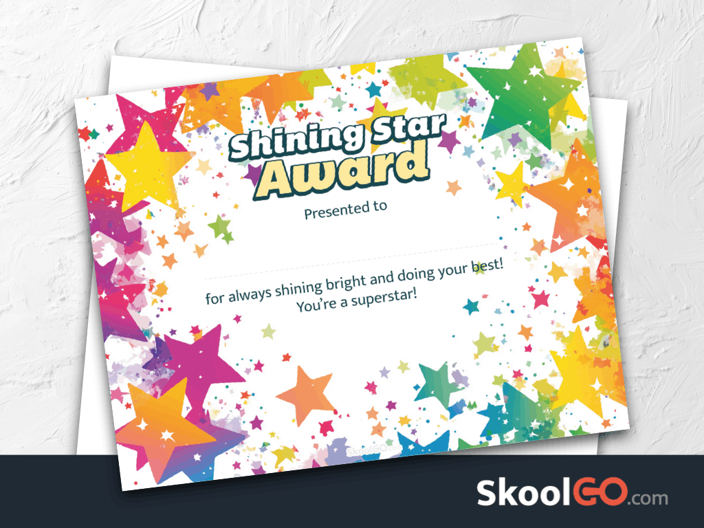 Shining Star Award certificate template for kids with colorful stars and Skoolgo logo
