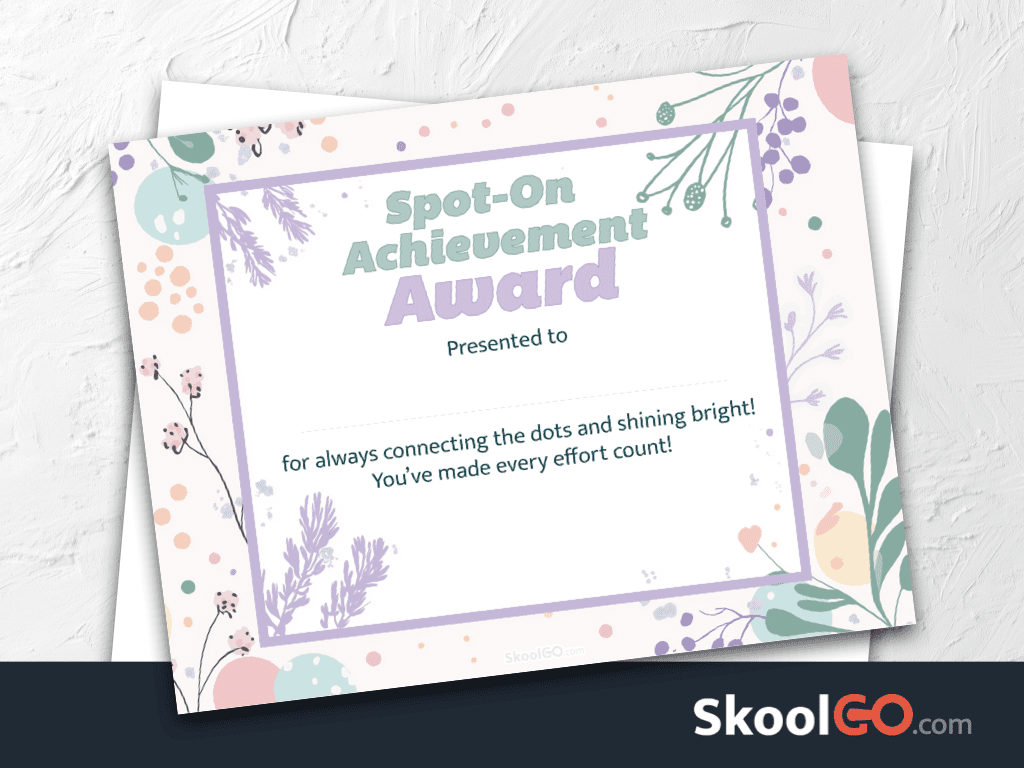 Spot-On Achievement Award certificate template free printable for kids with pastel design and skoolgo logo