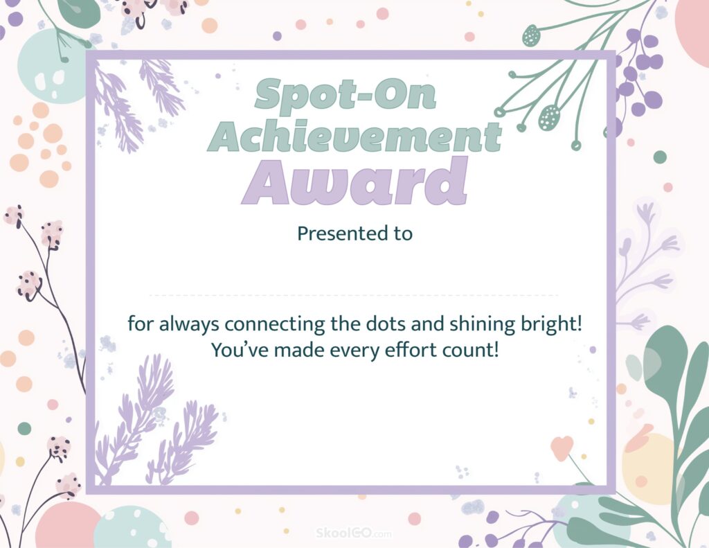 Spot-On Achievement certificate template printable with decorative pastel border and student award text
