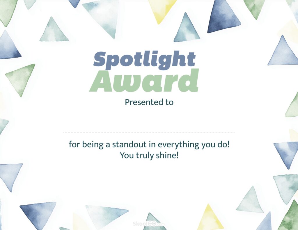 Spotlight Award Certificate Template Printable PDF Landscape Design Spotlight Award certificate template printable PDF landscape format with watercolor triangles
