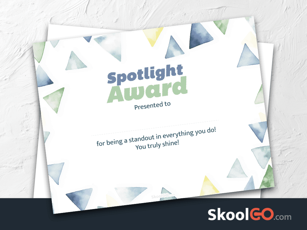 Spotlight Award certificate template free printable PDF for students with Skoolgo design