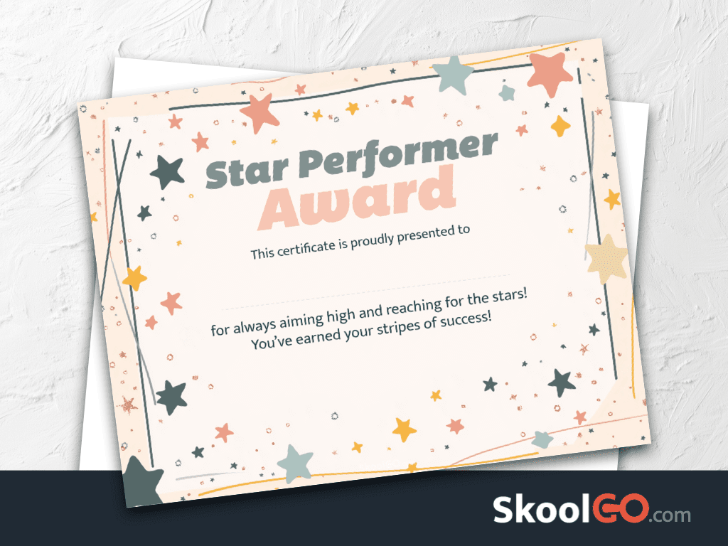 Star Performer Award certificate template featured image with certificate design and SKOOLGO logo