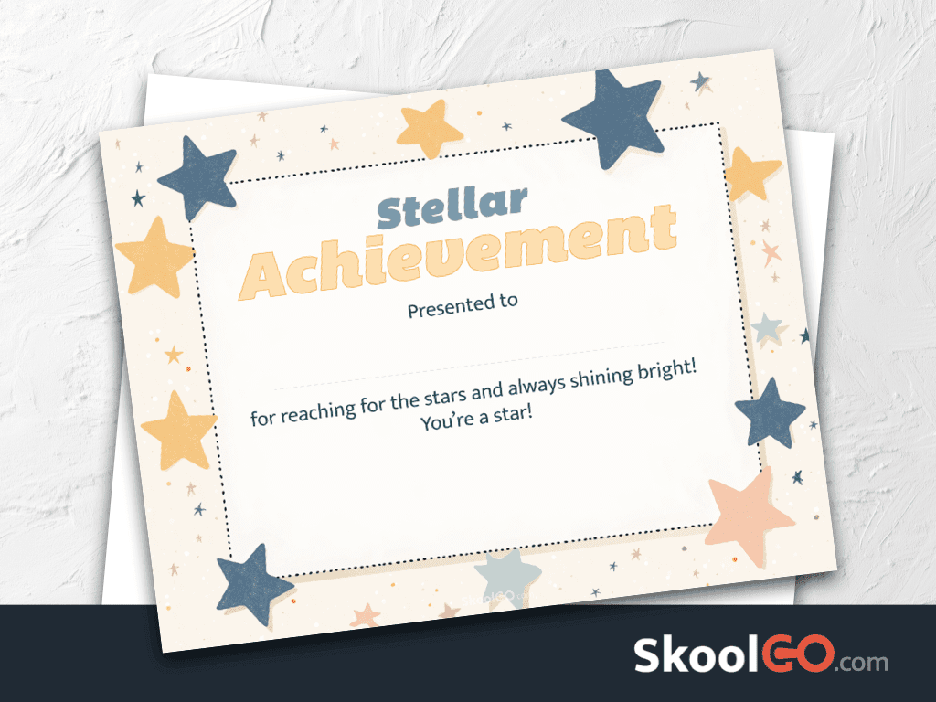 Stellar Achievement certificate template featured image with certificate design and SKOOLGO logo