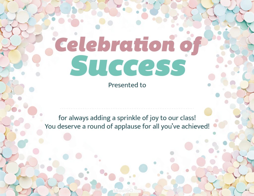 Success Certificate Template for Students Free PDF Success certificate template for students with pastel confetti border printable classroom award design