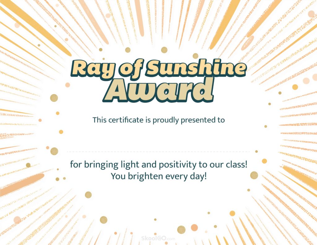 Printable Ray of Sunshine Award certificate template featuring golden rays and space for student name
