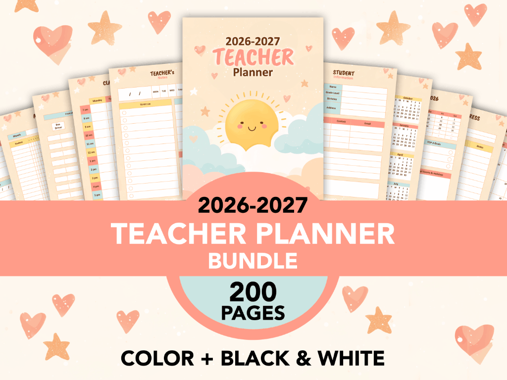 Sunshine Teacher Planner Bundle 2026-2027 preview with pastel sun, clouds, and planner pages