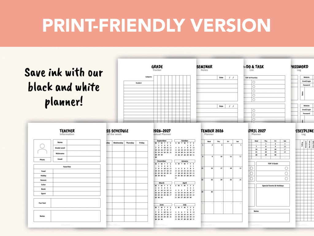 Black-and-white Sunshine Teacher Planner Bundle preview showing print-friendly planner pages