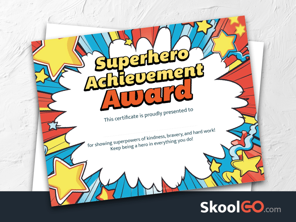 Superhero Achievement Award certificate template featured image with certificate design and SKOOLGO logo
