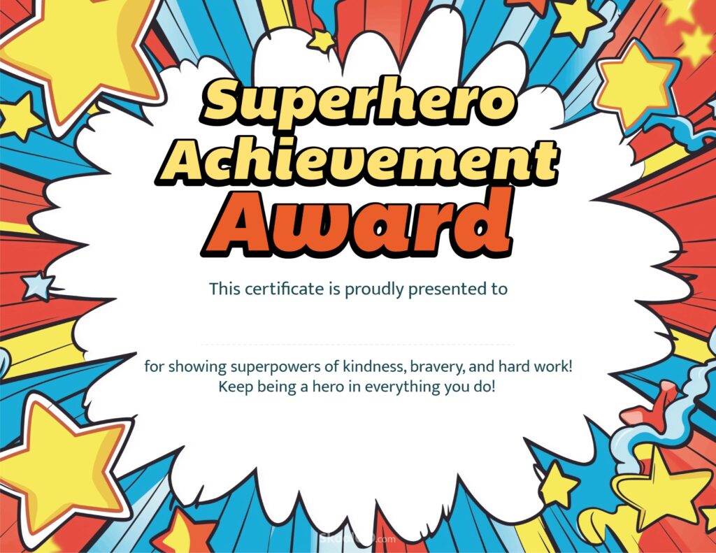 Full printable Superhero Achievement Award certificate template in landscape format