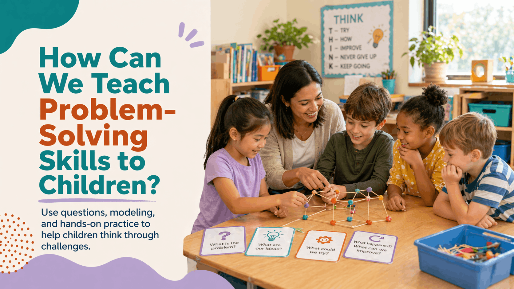 Teacher guides children through problem-solving skills with questions, modeling, and hands-on classroom practice.