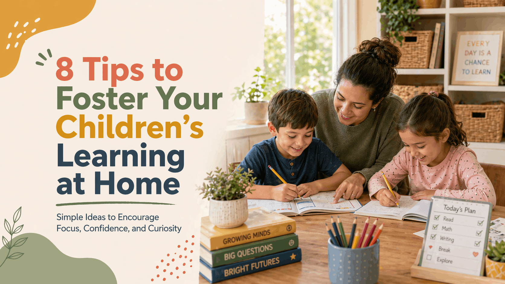 Parent helps two children with worksheets and a daily learning plan to foster focus, confidence, and curiosity at home.