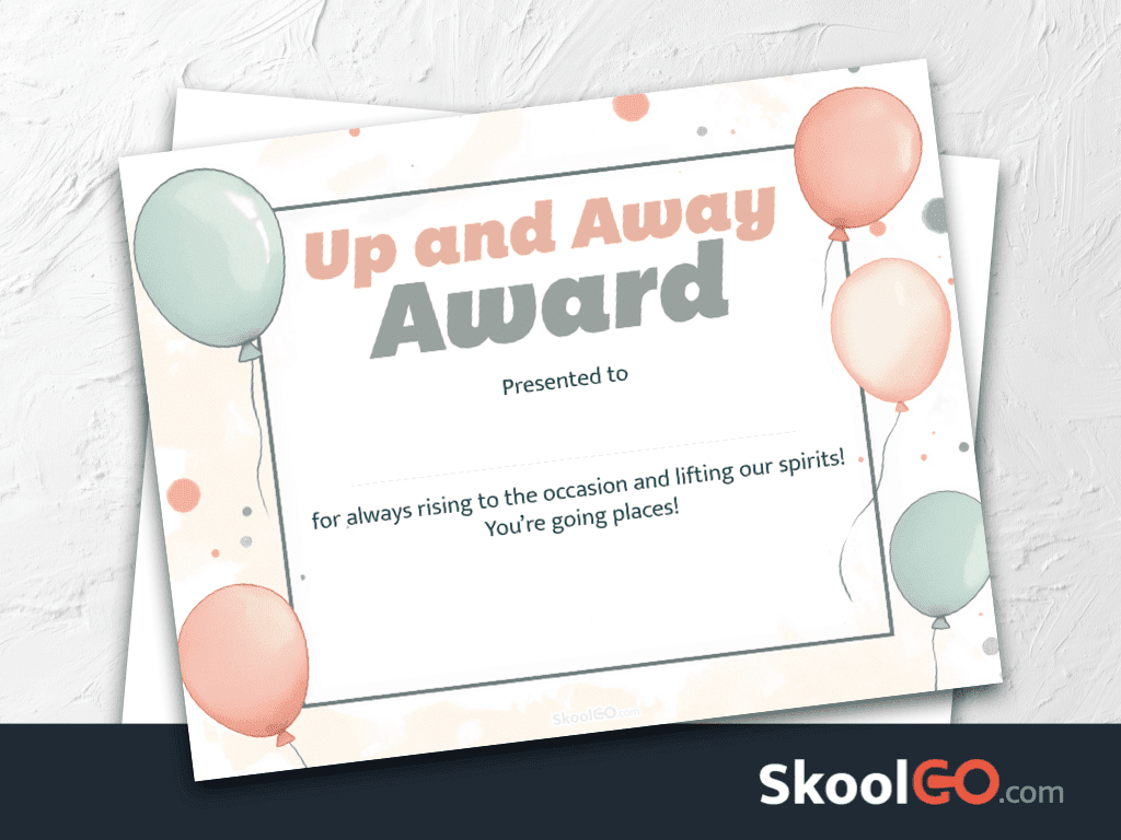 Up and Away Award certificate template with SkoolGO logo and printable award preview
