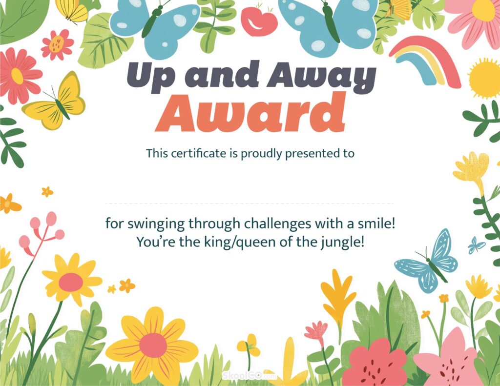 Up and Away Certificate Template Jungle Theme for Students Up and Away certificate template jungle theme printable PDF for kids with decorative nature elements and award text layout