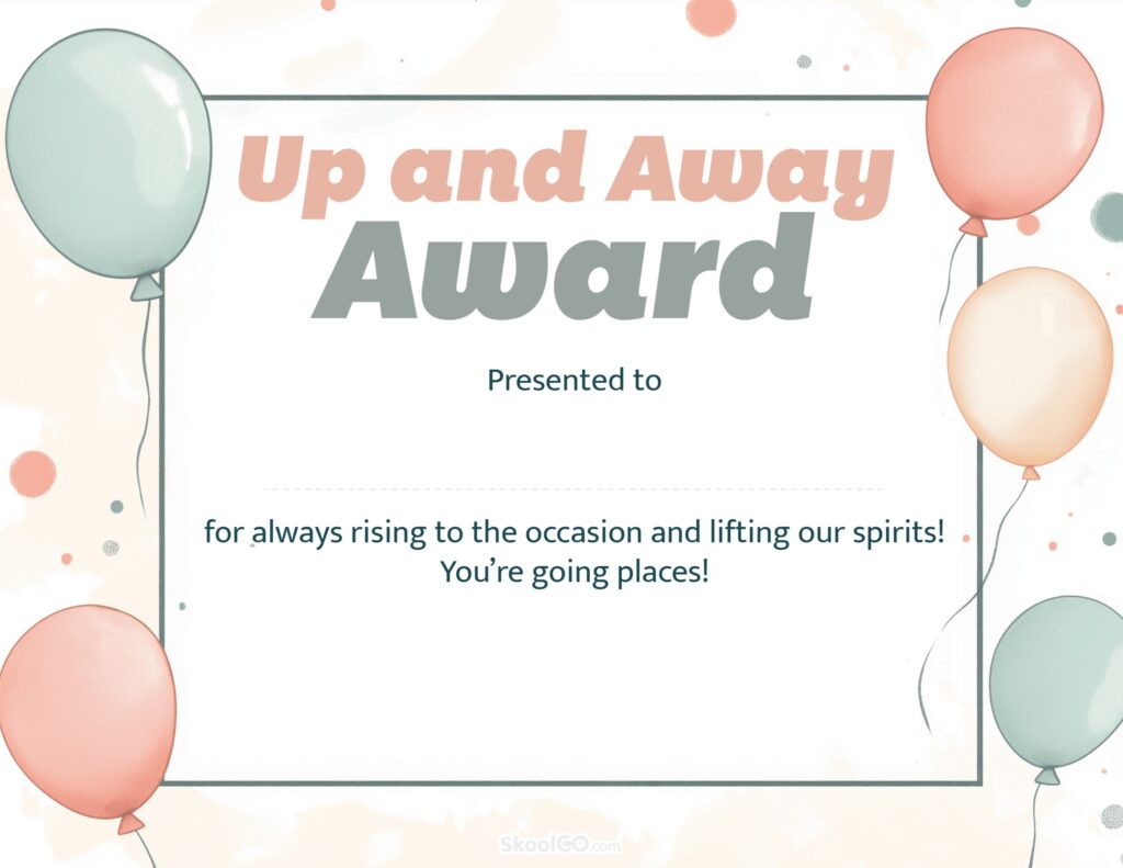 Up and Away certificate template full printable award with pastel balloons in landscape format