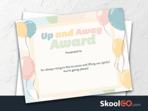 Up and Away Award certificate template with colorful balloons and student recognition design