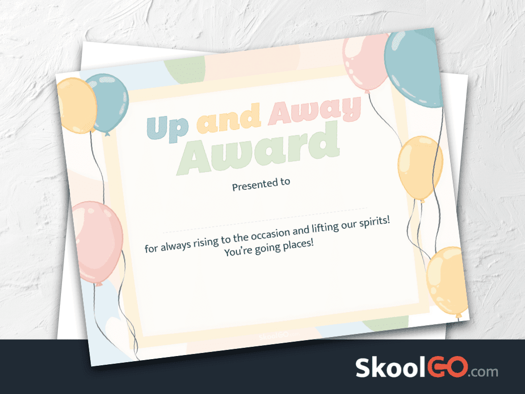 Up and Away Award certificate template with colorful balloons and student recognition design
