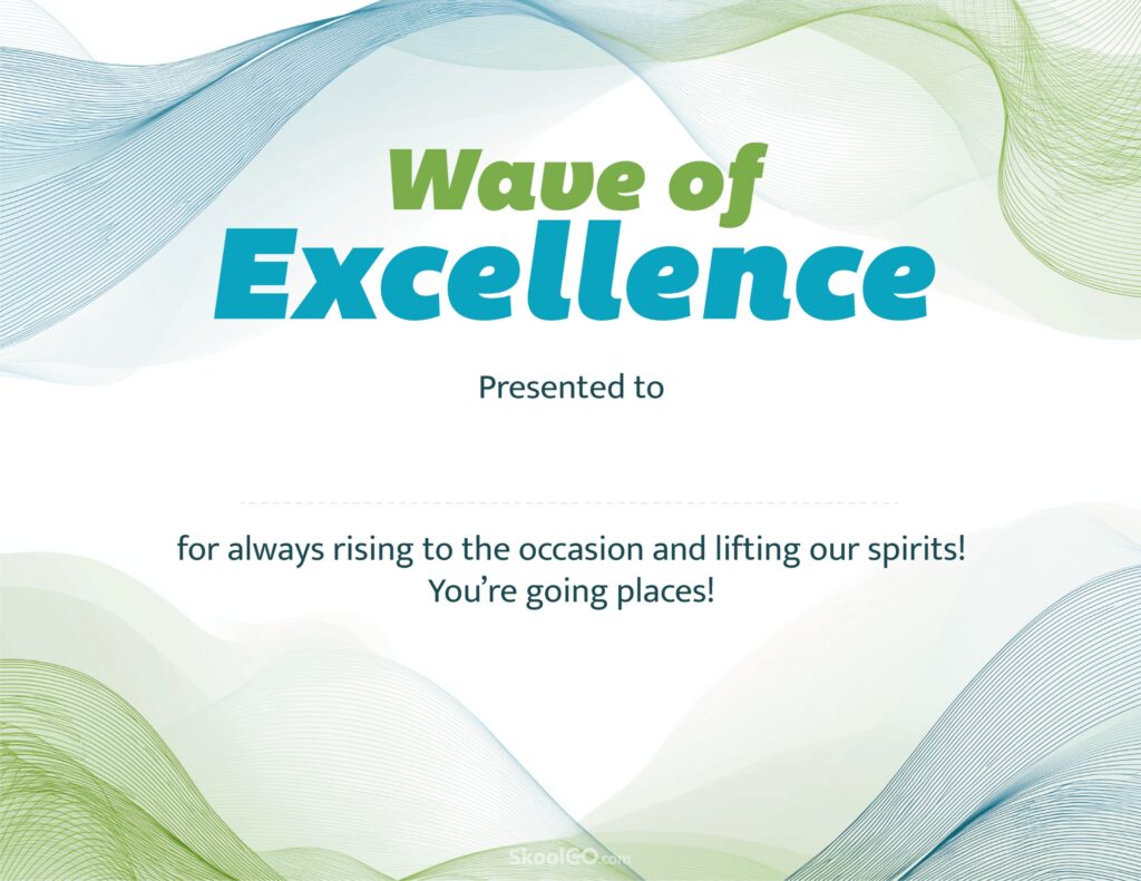 Wave of Excellence certificate template full view in landscape format printable PDF for classroom awards
