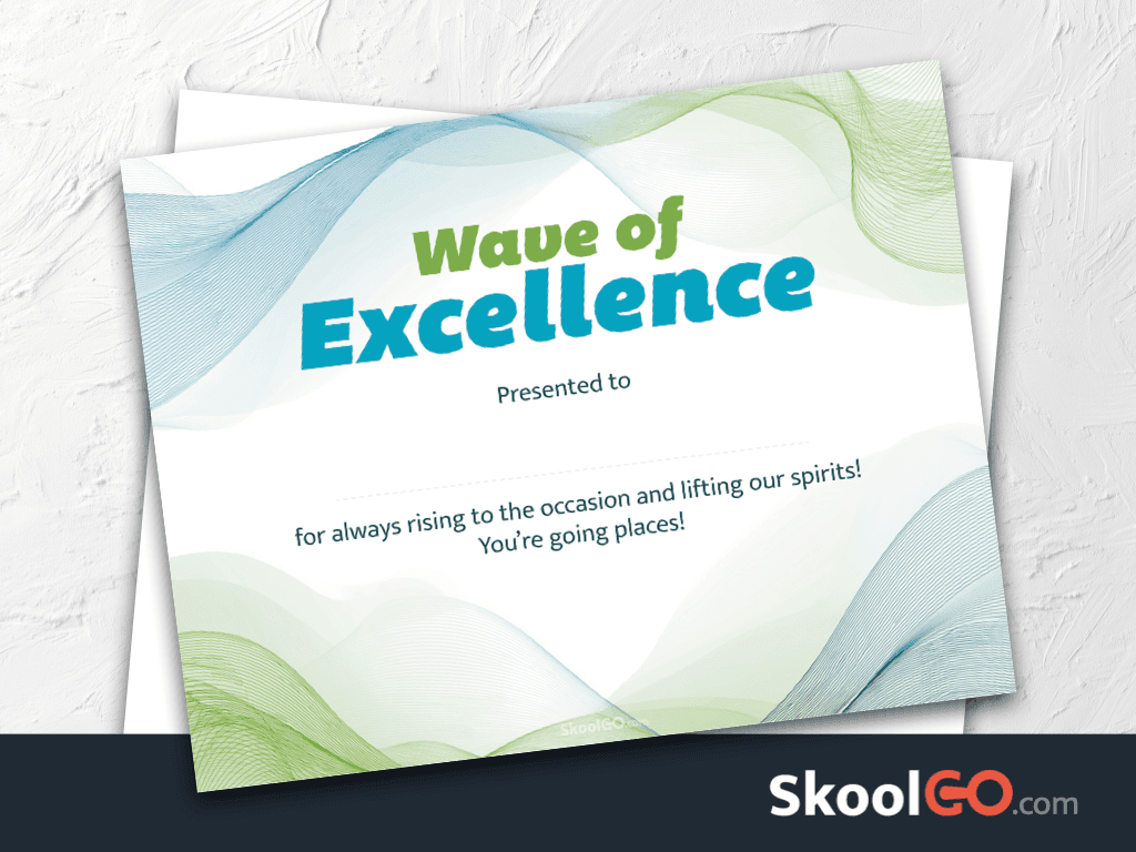 Wave of Excellence certificate template free printable for students with modern wave design and SkoolGO branding
