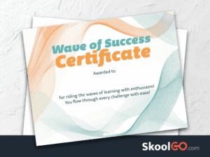 Wave of Success certificate template free printable for students with colorful wave design and Skoolgo branding