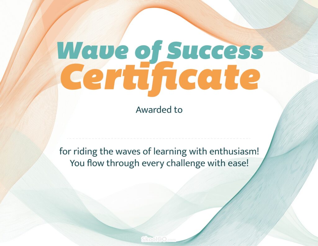 Wave of Success certificate template printable PDF with ocean wave design for classroom student awards