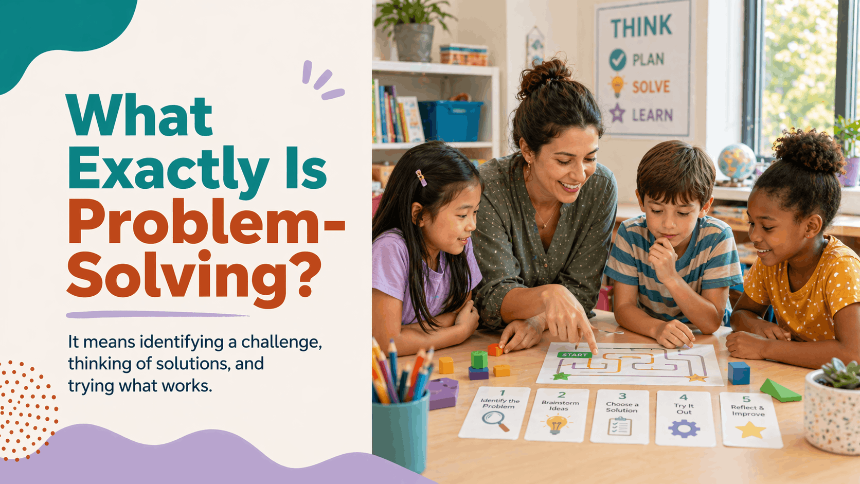 Children learn what problem-solving means by identifying a challenge, testing ideas, and improving their solution.