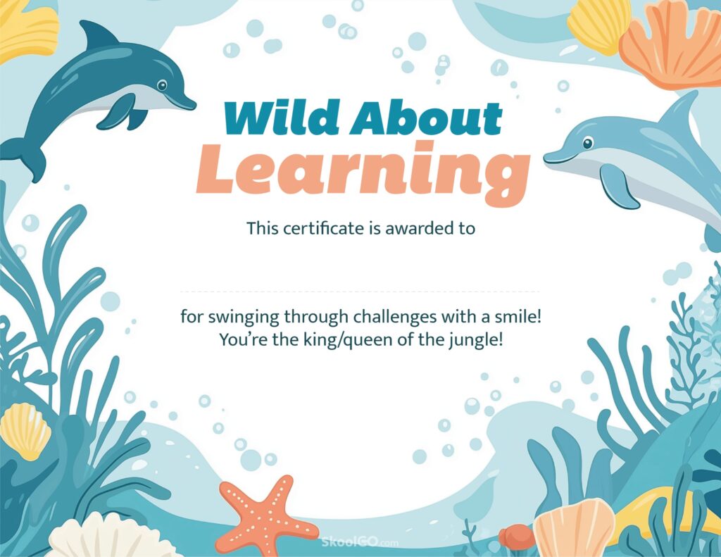 Wild About Learning certificate template full printable certificate with ocean theme