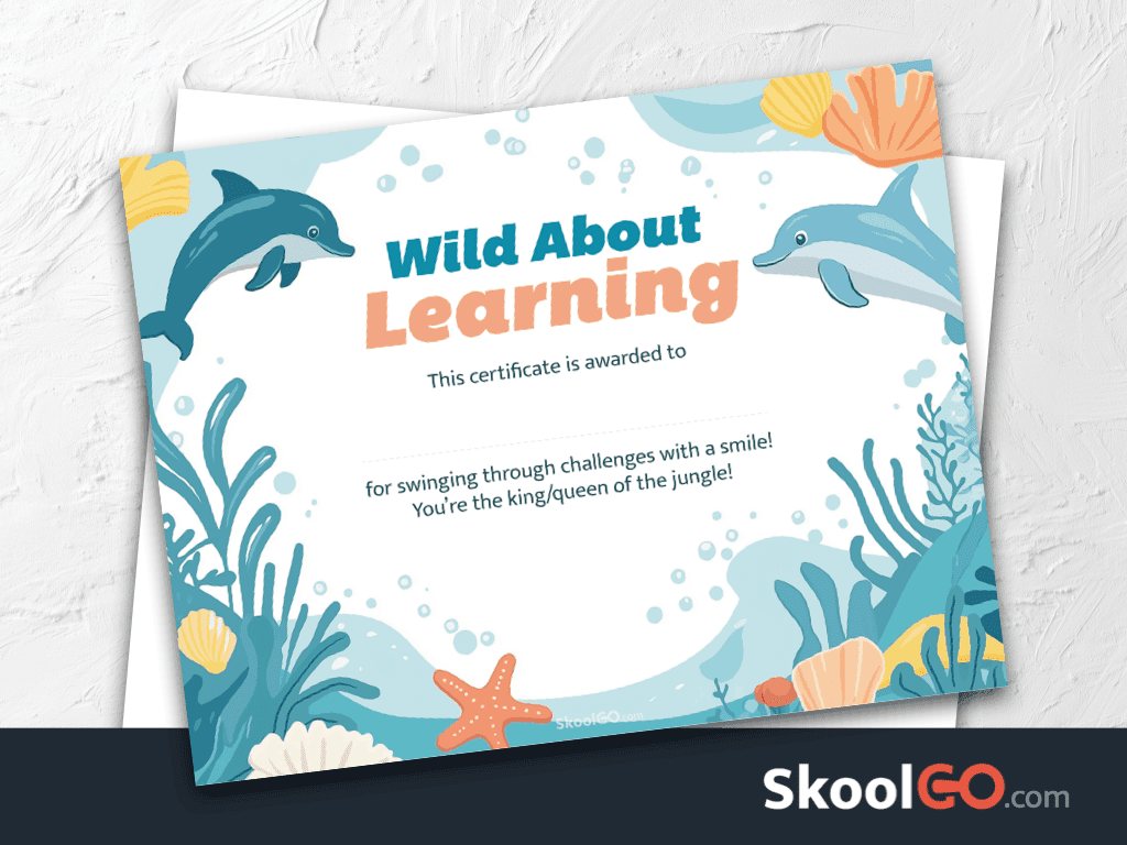 Wild About Learning certificate template featured image with certificate and SKOOLGO logo