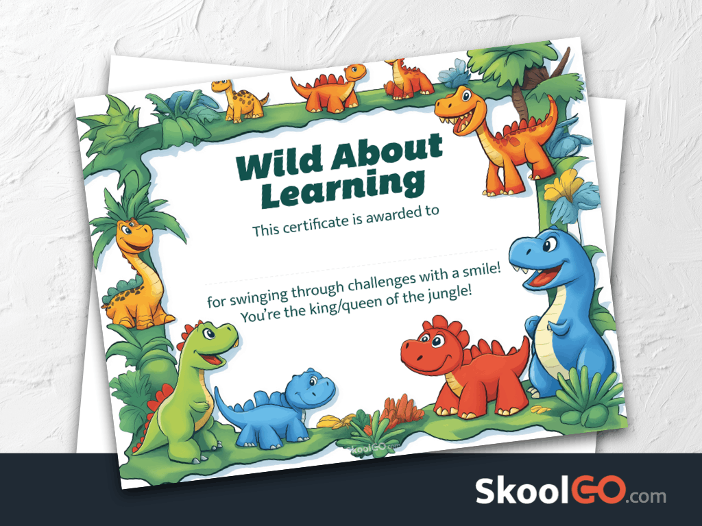 Wild About Learning certificate template with colorful dinosaur jungle design for kids reward
