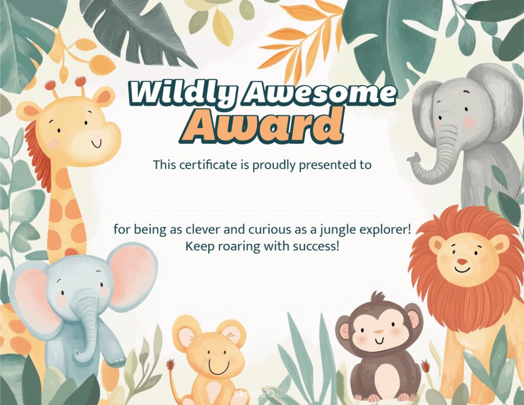 Wildly Awesome Award Certificate Template with Jungle Animals Printable Wildly Awesome Award certificate template featuring jungle animals for student achievement recognition