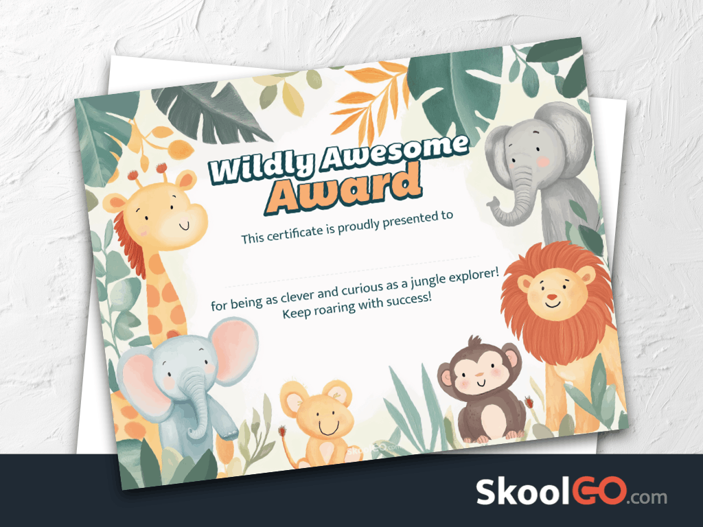 Wildly Awesome Award certificate template with jungle animals for kids classroom reward printable PDF