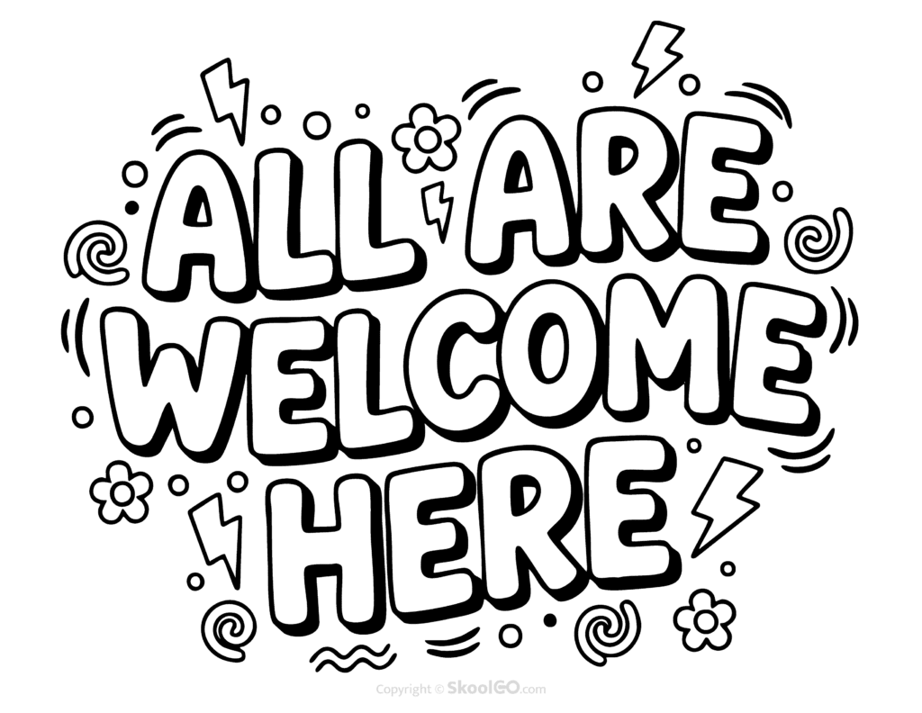 Black-and-white All Are Welcome Here poster with bold letters and doodles for students to color