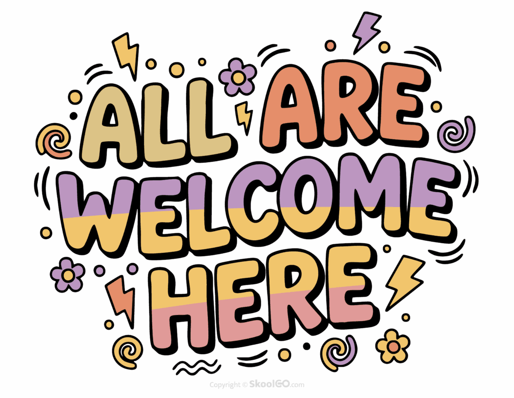 Colorful All Are Welcome Here printable classroom poster with playful lettering and cheerful doodles