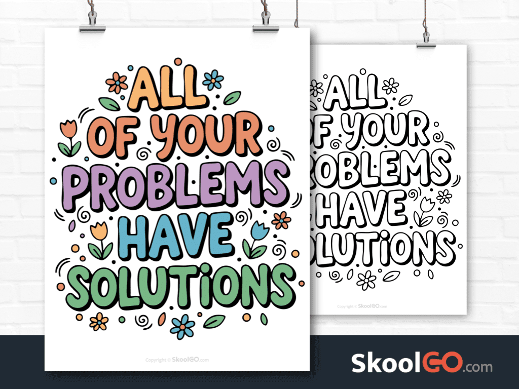 Preview image of the "All Of Your Problems Have Solutions" Classroom Poster, showing both color and black & white printable pages.
