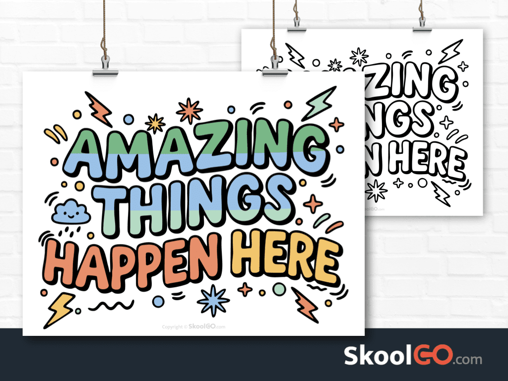 Preview image of the "Amazing Things Happen Here" Classroom Poster, showing both color and black & white printable pages.