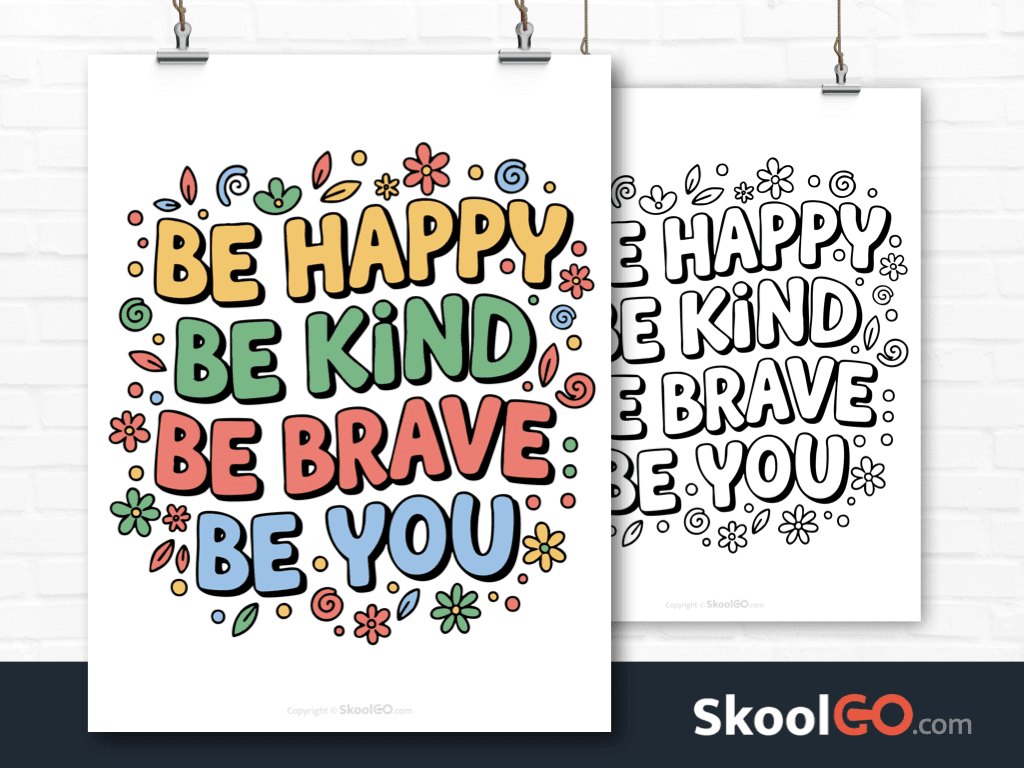 Preview image of the "Be Happy Be Kind Be Brave Be You" Classroom Poster, showing both color and black & white printable pages.