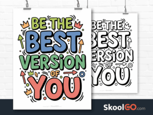 Preview image of the "Be The Best Version Of You" Classroom Poster, showing both color and black & white printable pages.