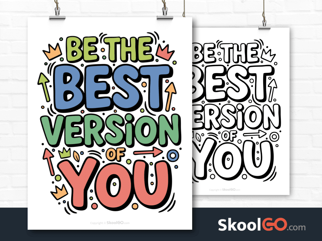 Preview image of the "Be The Best Version Of You" Classroom Poster, showing both color and black & white printable pages.