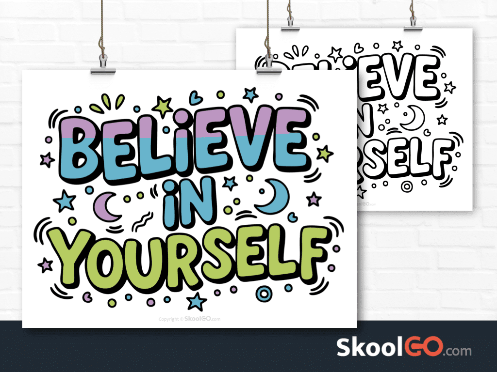 Preview image of the "Believe In Yourself" Classroom Poster, showing both color and black & white printable pages.