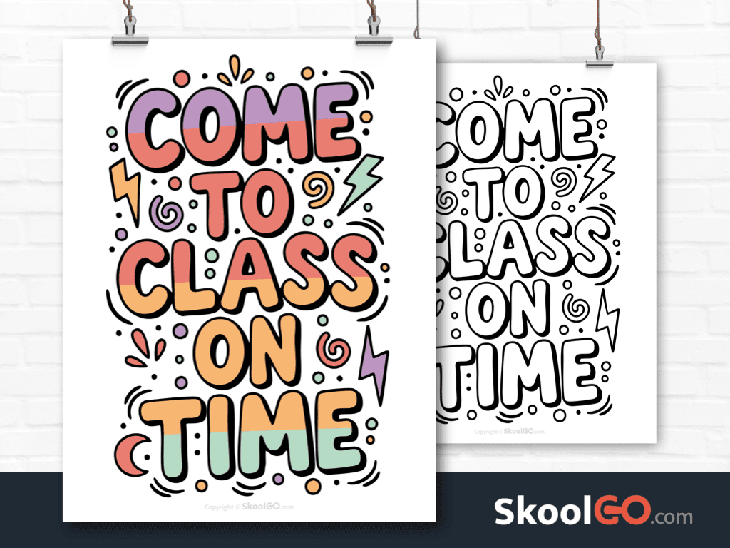 Preview image of the "Come To Class On Time" Classroom Poster, showing both color and black & white printable pages.