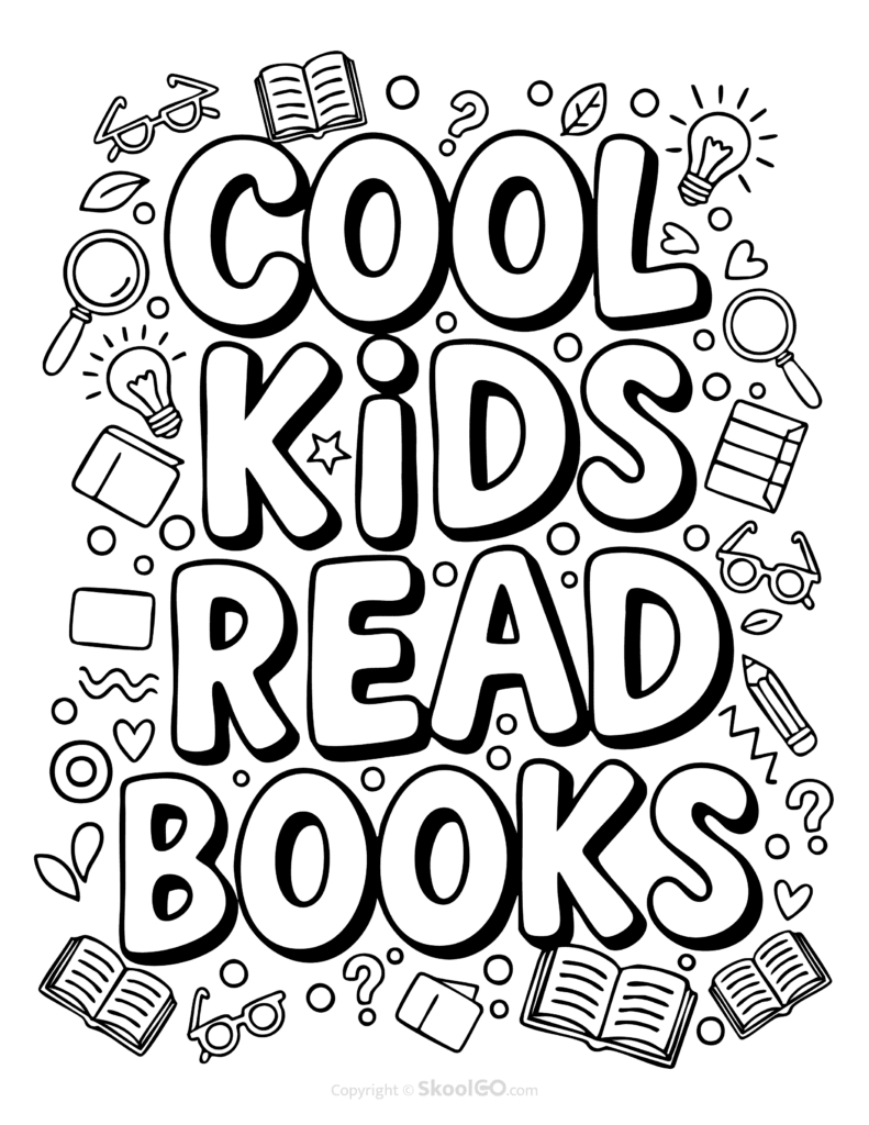 "Cool Kids Read Books" Classroom Poster - Black & White Version Black-and-white Cool Kids Read Books poster with bold letters and doodles for students to color