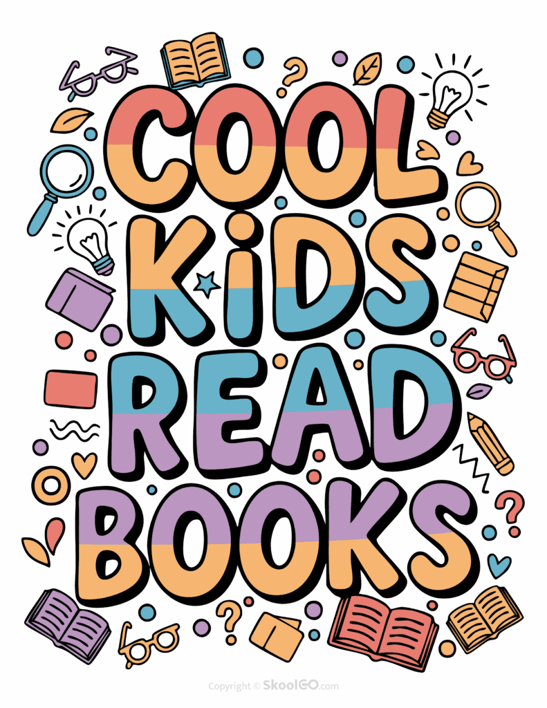 "Cool Kids Read Books" Classroom Poster - Color Version Colorful Cool Kids Read Books printable classroom poster with playful lettering and cheerful doodles