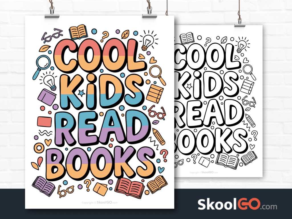Preview image of the "Cool Kids Read Books" Classroom Poster, showing both color and black & white printable pages.