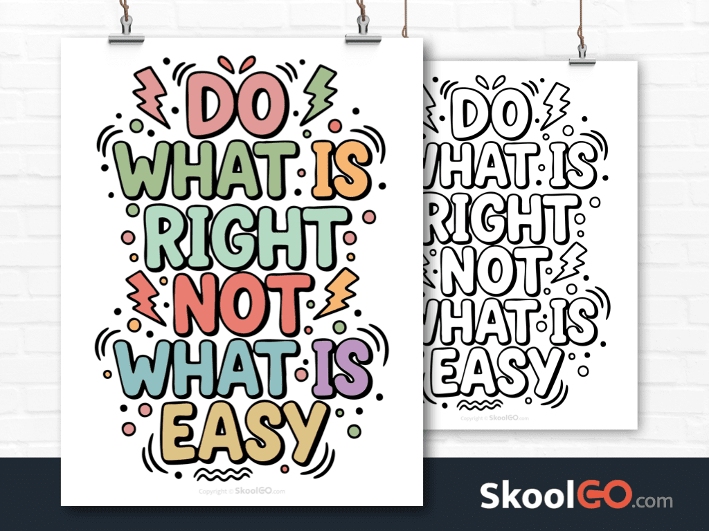 Preview image of the "Do What Is Right Not What Is Easy" Classroom Poster, showing both color and black & white printable pages.