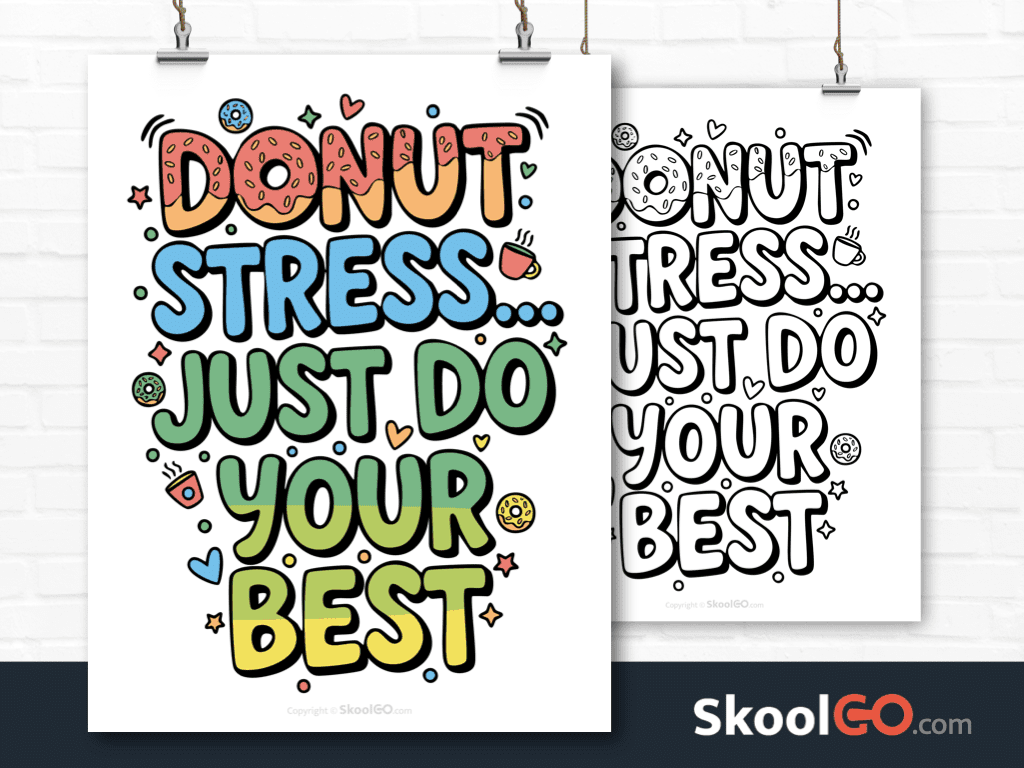 Preview image of the "Donut Stress Just Do Your Best" Classroom Poster, showing both color and black & white printable pages.