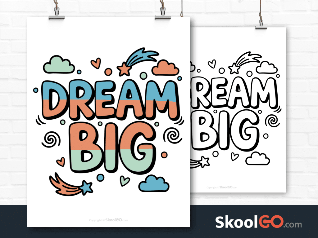 Preview image of the "Dream Big" Classroom Poster, showing both color and black & white printable pages.