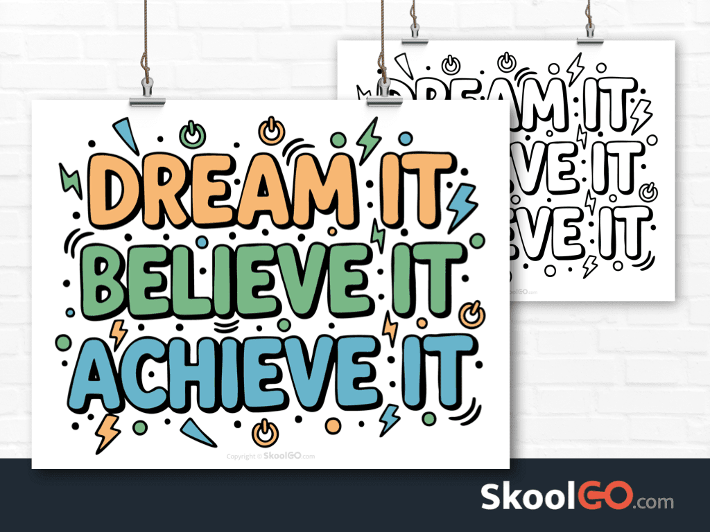 Preview image of the "Dream It Believe It Achieve It" Classroom Poster, showing both color and black & white printable pages.