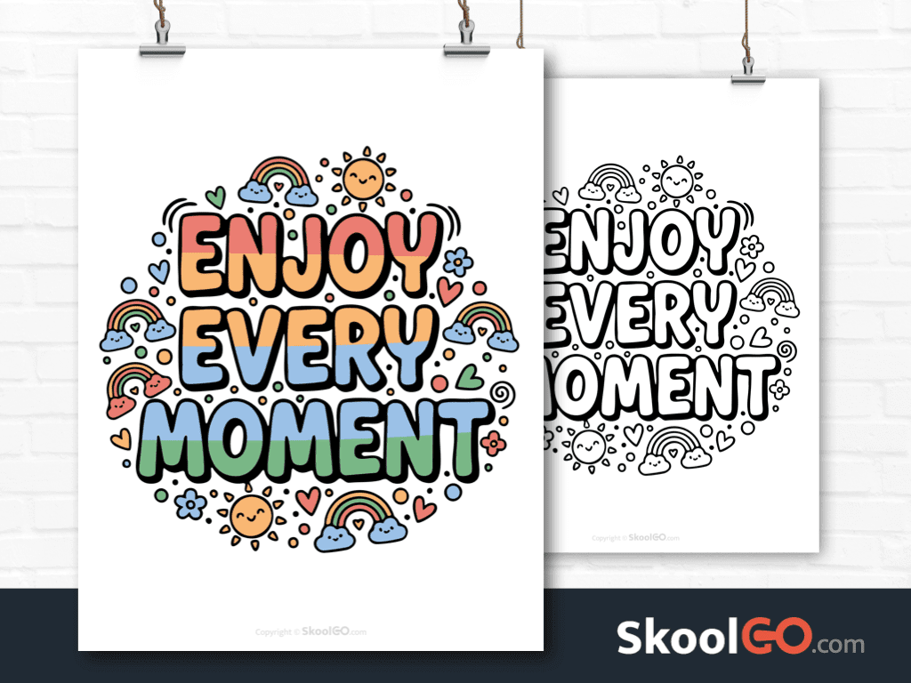 Preview image of the "Enjoy Every Moment" Classroom Poster, showing both color and black & white printable pages.