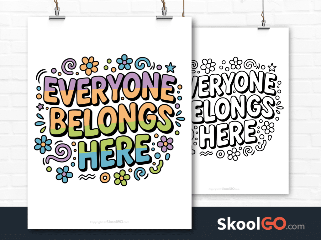 Preview image of the "Everyone Belongs Here" Classroom Poster, showing both color and black & white printable pages.