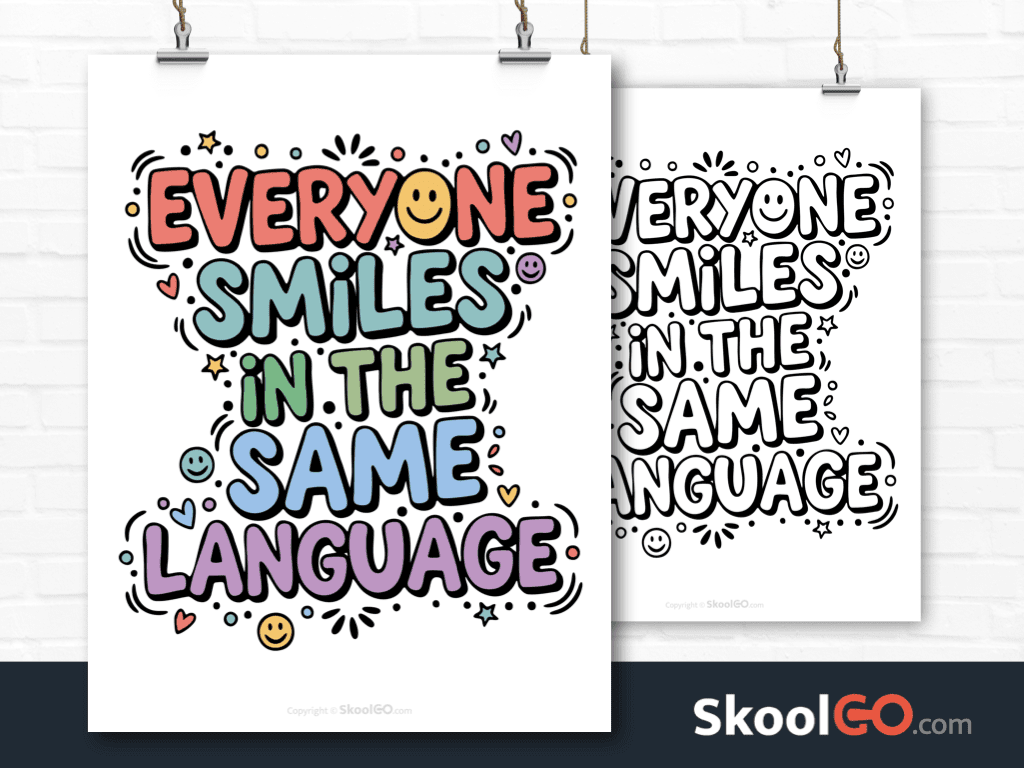 Preview image of the "Everyone Smiles In The Same Language" Classroom Poster, showing both color and black & white printable pages.