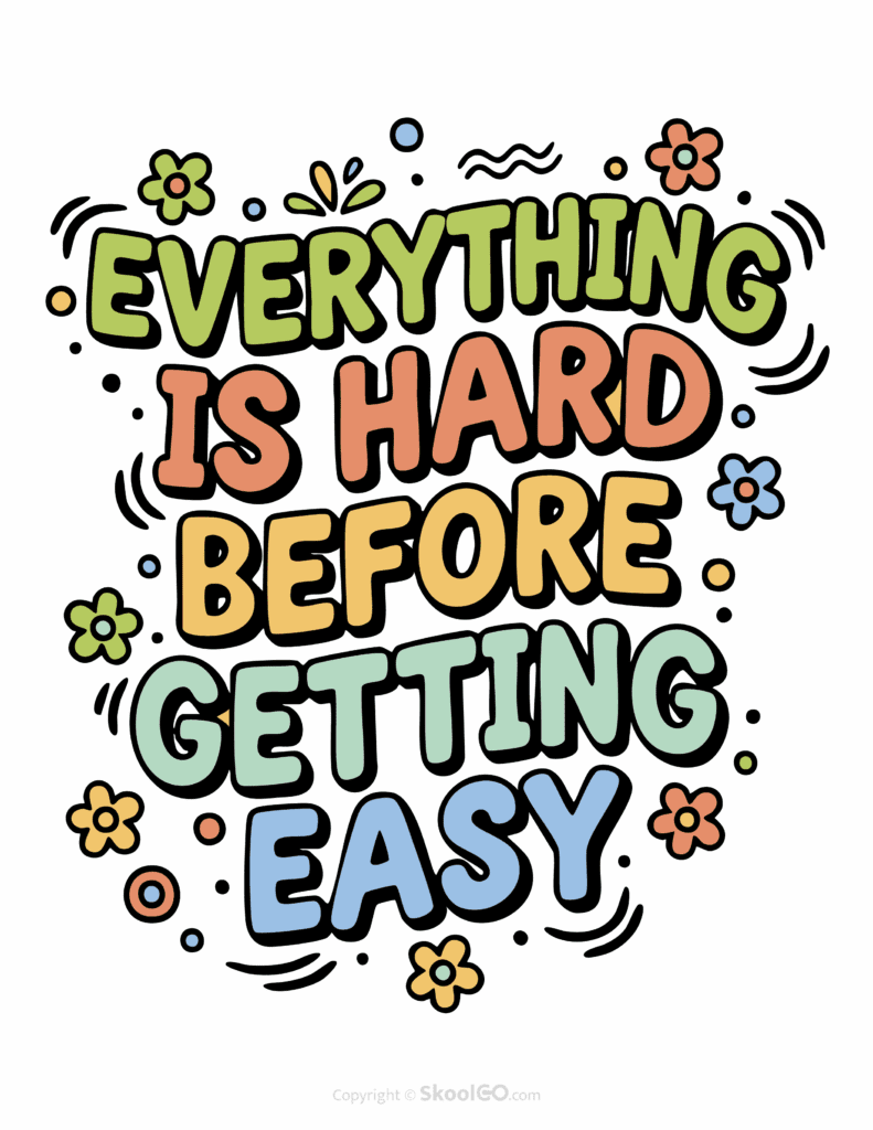 "Everything Is Hard Before Getting Easy" Classroom Poster - Color Version Colorful Everything Is Hard Before Getting Easy printable classroom poster with playful lettering and cheerful doodles